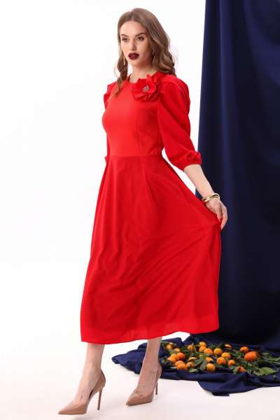 Красное миди-платье с складками и брошей NikVa 416-6 красный - фото 6