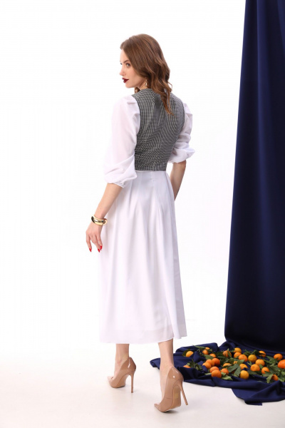 Платье миди из шифона в нарядном стиле для демисезона NikVa 416-8 белый+чёрно-белая гус лапка - фото 7