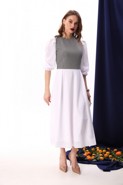 Платье миди из шифона в нарядном стиле для демисезона NikVa 416-8 белый+чёрно-белая гус лапка - фото 6