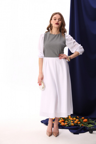 Платье миди из шифона в нарядном стиле для демисезона NikVa 416-8 белый+чёрно-белая гус лапка - фото 2