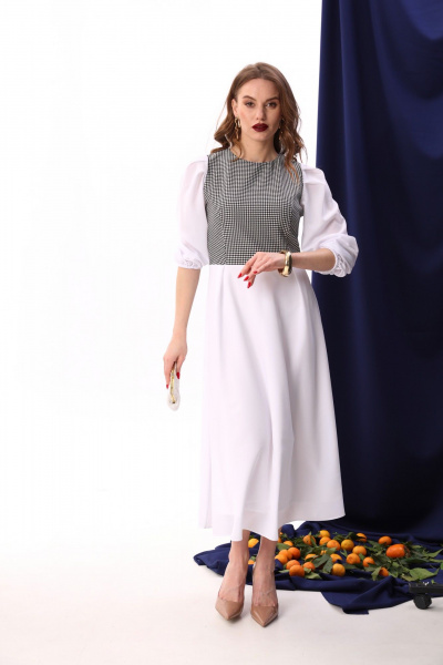 Платье миди из шифона в нарядном стиле для демисезона NikVa 416-8 белый+чёрно-белая гус лапка - фото 1