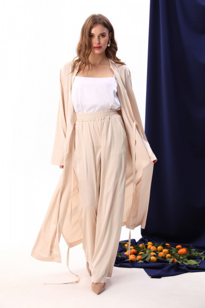 Платье-кимоно из атласа с поясом и глубоким V-вырезом NikVa 555-3 крем-брюле - фото 7