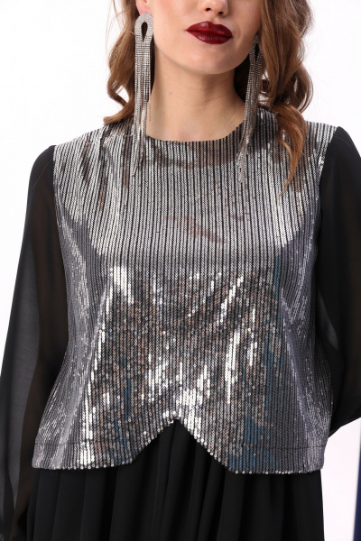 Платье макси с пайетками и комбинированным лифом NikVa 740-8 чёрный+серебро - фото 3