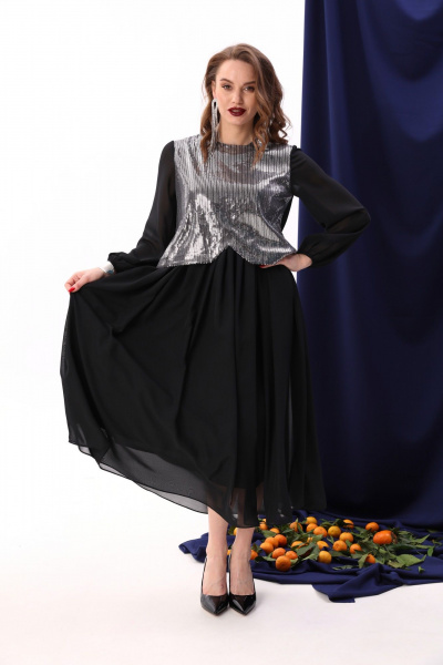 Платье макси с пайетками и комбинированным лифом NikVa 740-8 чёрный+серебро - фото 7