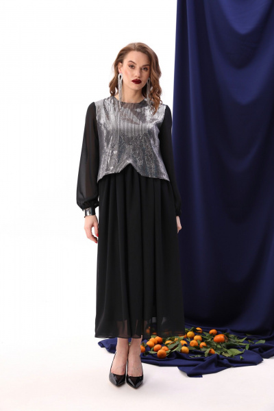 Платье макси с пайетками и комбинированным лифом NikVa 740-8 чёрный+серебро - фото 5