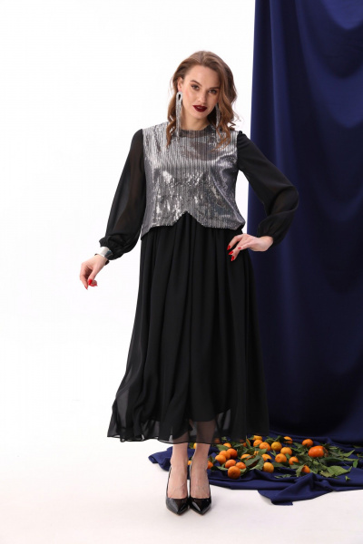 Платье макси с пайетками и комбинированным лифом NikVa 740-8 чёрный+серебро - фото 1