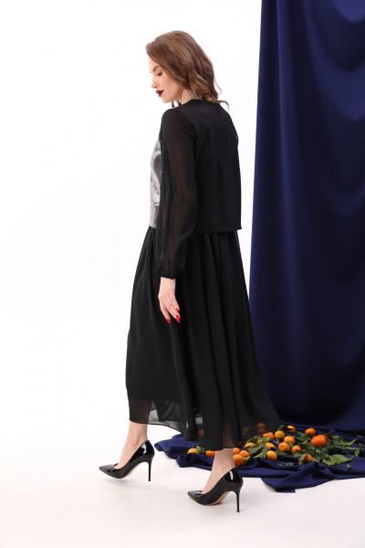 Платье макси с пайетками и комбинированным лифом NikVa 740-8 чёрный+серебро - фото 4