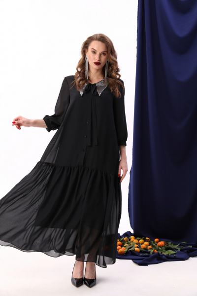 Платье из шифона с воланом и двухслойным фасоном NikVa 800-3 чёрный+серебро - фото 9