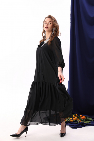 Платье из шифона с воланом и двухслойным фасоном NikVa 800-3 чёрный+серебро - фото 7