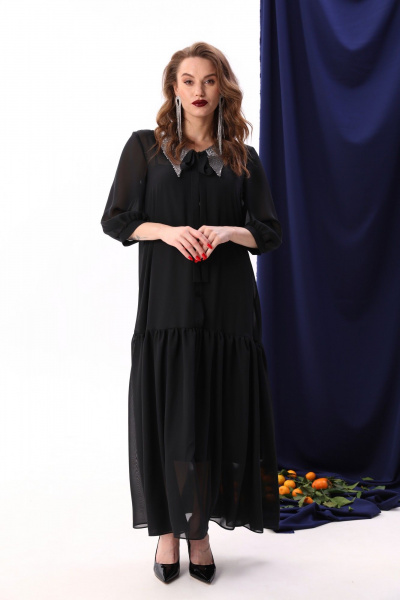 Платье из шифона с воланом и двухслойным фасоном NikVa 800-3 чёрный+серебро - фото 6