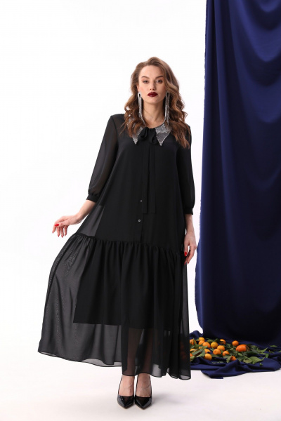 Платье из шифона с воланом и двухслойным фасоном NikVa 800-3 чёрный+серебро - фото 2