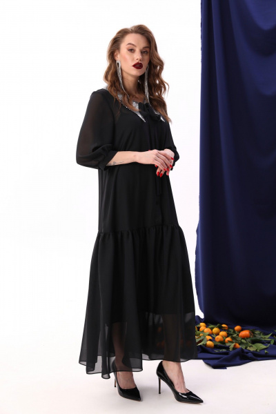 Платье из шифона с воланом и двухслойным фасоном NikVa 800-3 чёрный+серебро - фото 5