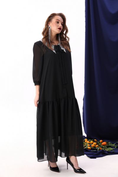 Платье из шифона с воланом и двухслойным фасоном NikVa 800-3 чёрный+серебро - фото 4