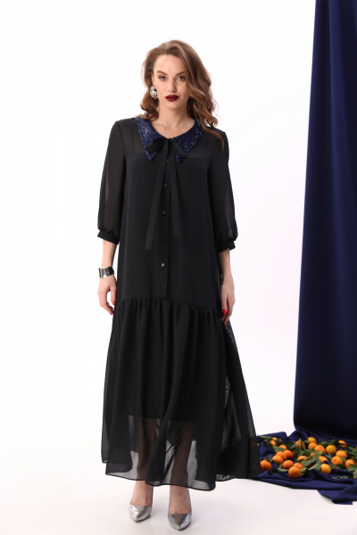 Платье макси с воланом из шифона и двухслойной конструкцией NikVa 800-5 чёрный+индиго - фото 6
