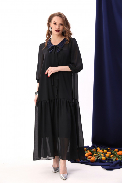 Платье макси с воланом из шифона и двухслойной конструкцией NikVa 800-5 чёрный+индиго - фото 1