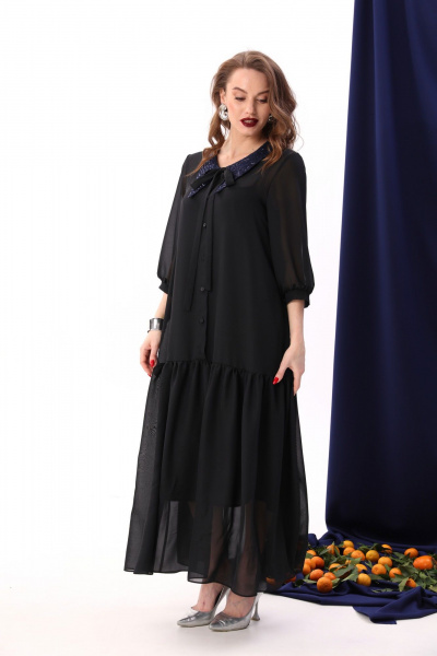 Платье макси с воланом из шифона и двухслойной конструкцией NikVa 800-5 чёрный+индиго - фото 4