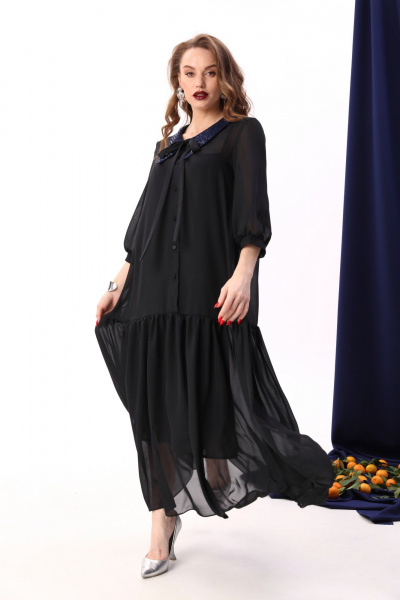 Платье макси с воланом из шифона и двухслойной конструкцией NikVa 800-5 чёрный+индиго - фото 3