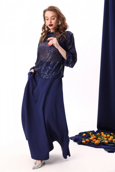 Юбка солнце макси с узким поясом и карманами NikVa 813-4 сапфир - фото 3