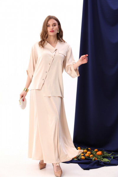 Юбка из атласа солнце макси с карманами и узким поясом NikVa 813-5 крем-брюле - фото 1