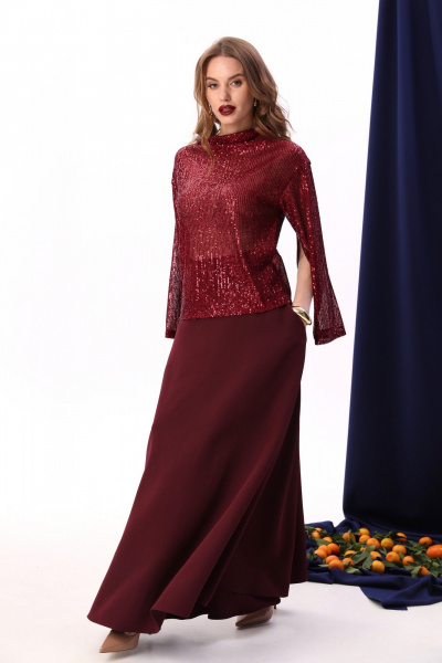 Костюм из пайеток и текстиля: джемпер-кейп и юбка макси NikVa 921-3 винный - фото 2