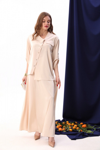 Костюм из атласного жакета с юбкой макси и карманами NikVa 928-2 крем-брюле - фото 2