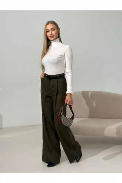 Брюки палаццо из текстиля для делового образа THE.WOMAN 0257 хаки - фото 3