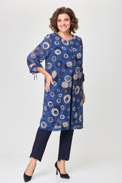 На каждый день костюм туника топ и брюки из текстиля и шифона БАГРЯНИЦА 5050 синий/круги - фото 1