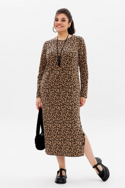 Платье прямого силуэта из трикотажа с боковой шлицей и карманами Anelli 1498 цейлонский_леопард - фото 7