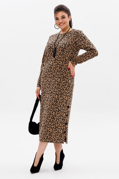 Платье прямого силуэта из трикотажа с боковой шлицей и карманами Anelli 1498 цейлонский_леопард - фото 3