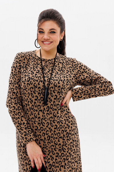 Платье прямого силуэта из трикотажа с боковой шлицей и карманами Anelli 1498 цейлонский_леопард - фото 2