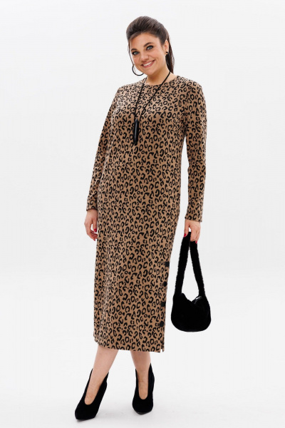 Платье прямого силуэта из трикотажа с боковой шлицей и карманами Anelli 1498 цейлонский_леопард - фото 1