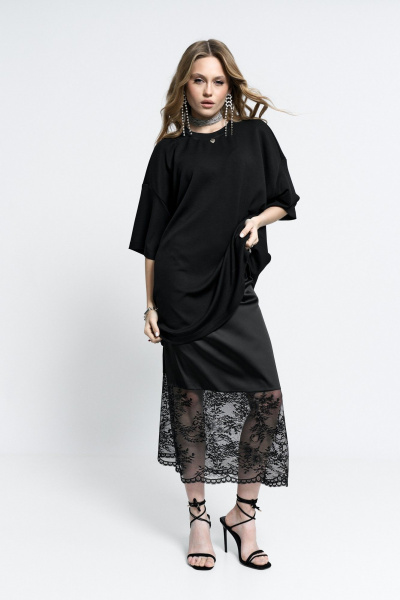 Нарядная юбка из атласа и кружева с боковой молнией MilMil 1151 Вена_черный - фото 8