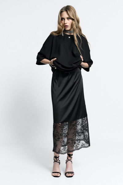 Нарядная юбка из атласа и кружева с боковой молнией MilMil 1151 Вена_черный - фото 5
