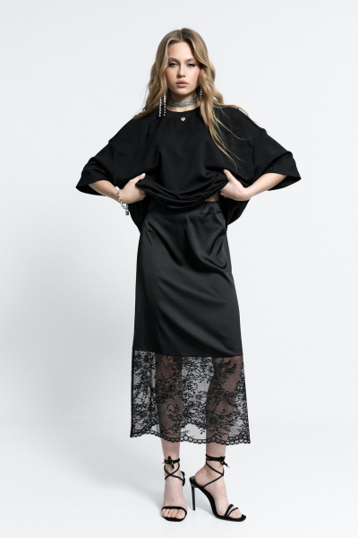 Нарядная юбка из атласа и кружева с боковой молнией MilMil 1151 Вена_черный - фото 4