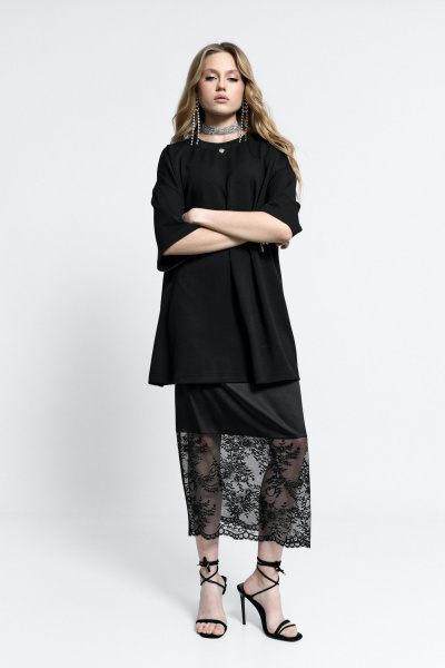 Нарядная юбка из атласа и кружева с боковой молнией MilMil 1151 Вена_черный - фото 3