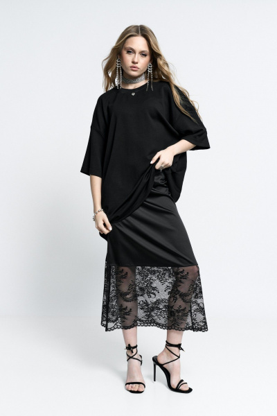 Нарядная юбка из атласа и кружева с боковой молнией MilMil 1151 Вена_черный - фото 1