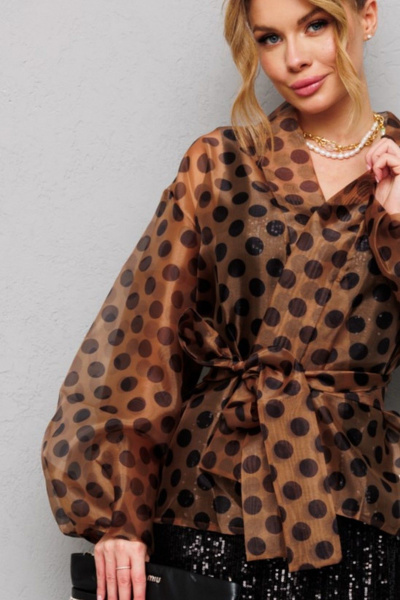 Туника из органзы с горохами и съемным поясом Anastasia 1061 кофе - фото 7