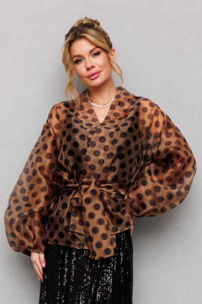 Туника из органзы с горохами и съемным поясом Anastasia 1061 кофе - фото 6