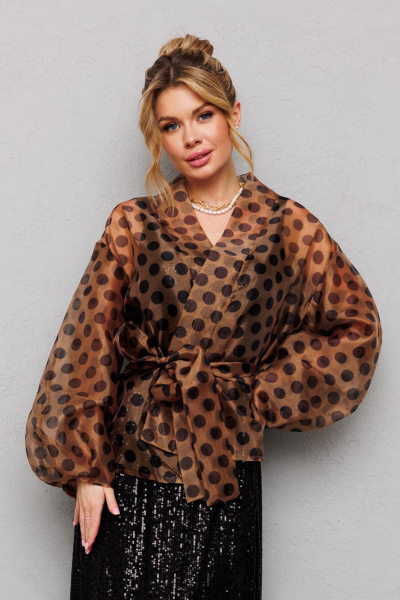 Туника из органзы с горохами и съемным поясом Anastasia 1061 кофе - фото 2