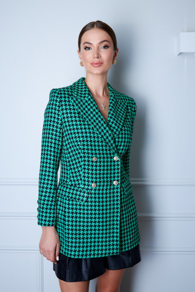 Приталенный жакет из черно-белой гусь-лапки с золотыми пуговицами EZER 1003 черно-зеленый - фото 9