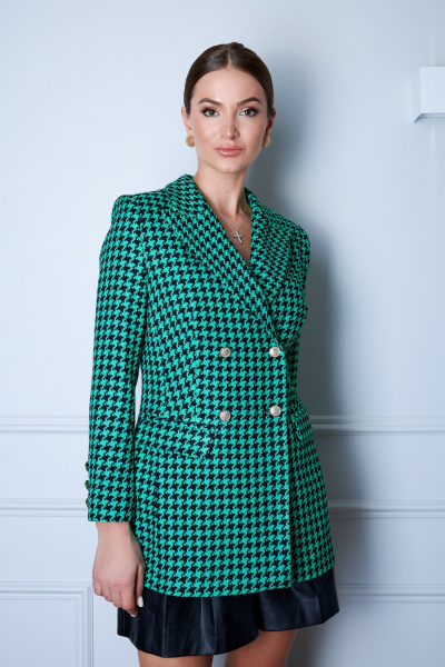 Приталенный жакет из черно-белой гусь-лапки с золотыми пуговицами EZER 1003 черно-зеленый - фото 8
