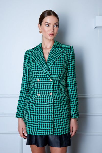 Приталенный жакет из черно-белой гусь-лапки с золотыми пуговицами EZER 1003 черно-зеленый - фото 7