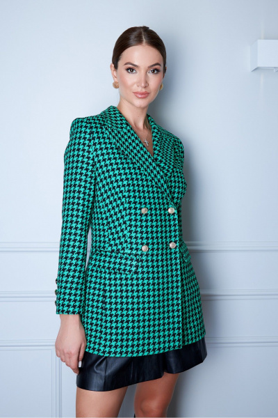 Приталенный жакет из черно-белой гусь-лапки с золотыми пуговицами EZER 1003 черно-зеленый - фото 2