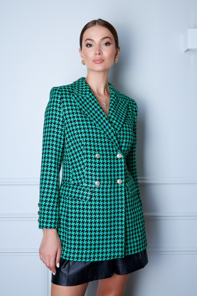 Приталенный жакет из черно-белой гусь-лапки с золотыми пуговицами EZER 1003 черно-зеленый - фото 5