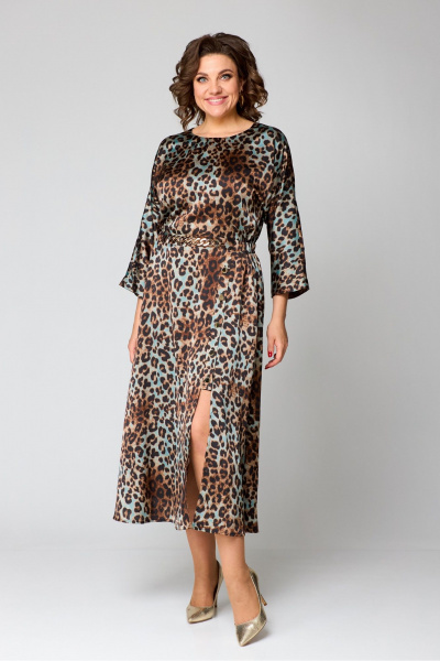 Платье миди с рукавом ¾ из текстильной ткани Danaida 2131 леопард_изумрудный - фото 9