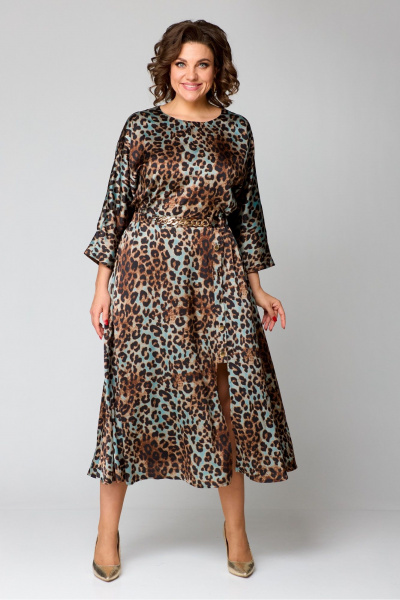 Платье миди с рукавом ¾ из текстильной ткани Danaida 2131 леопард_изумрудный - фото 2
