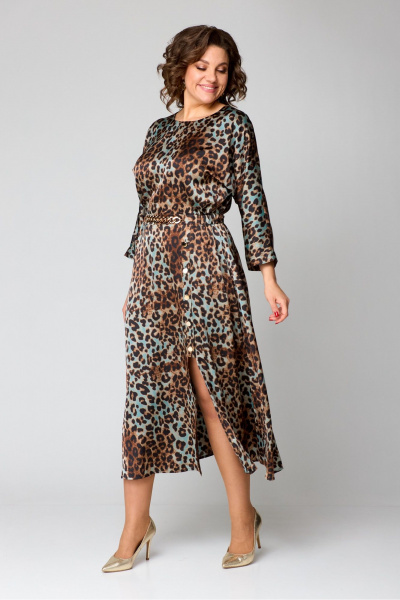 Платье миди с рукавом ¾ из текстильной ткани Danaida 2131 леопард_изумрудный - фото 6