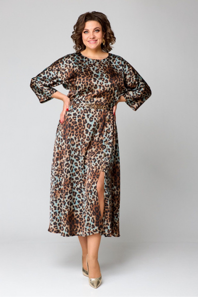 Платье миди с рукавом ¾ из текстильной ткани Danaida 2131 леопард_изумрудный - фото 1