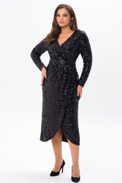 Платье с запахом на пуговицах из тюля и текстиля Mislana 1161 черный - фото 10