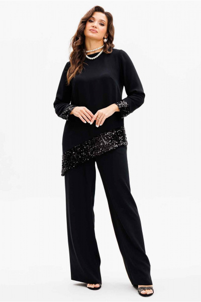 Черный костюм с блузой и брюками палаццо на резинке Mislana 1136 - фото 11